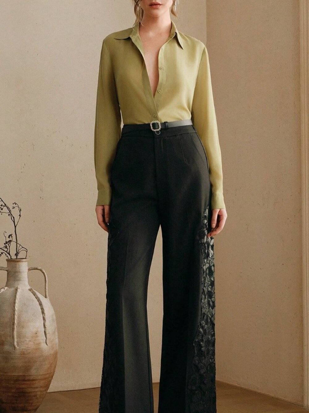 Green Casual Women's Elegant Collar Hollow Crochet Patchwork Long Sleeve Blouse